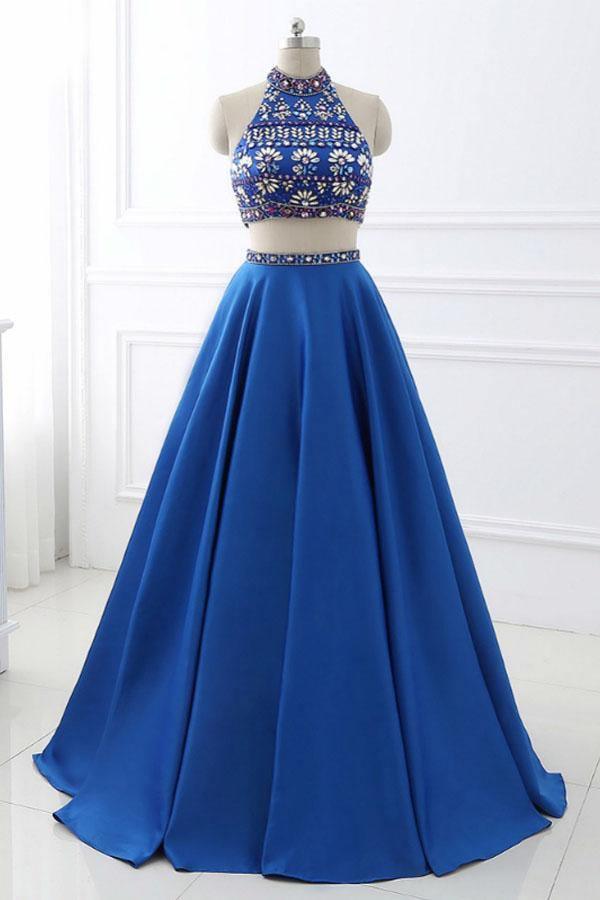 A-Line Royal Blue Satin Two Piece Halter Backless Prom Dress With Crystal PG916 - Pgmdress