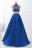 A-Line Royal Blue Satin Two Piece Halter Backless Prom Dress With Crystal PG916