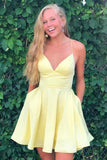 A-line Satin Fit and Flare Yellow Homecoming Dress with Pockets  PD333