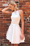 A-line Satin Sleeveless Tulle Beaded Homecoming Dress Short Prom Dress   PD385