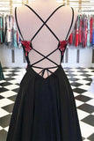 A-line Satin Spaghetti Straps Floral Appliques Black Long Prom Dress PG863 - Pgmdress