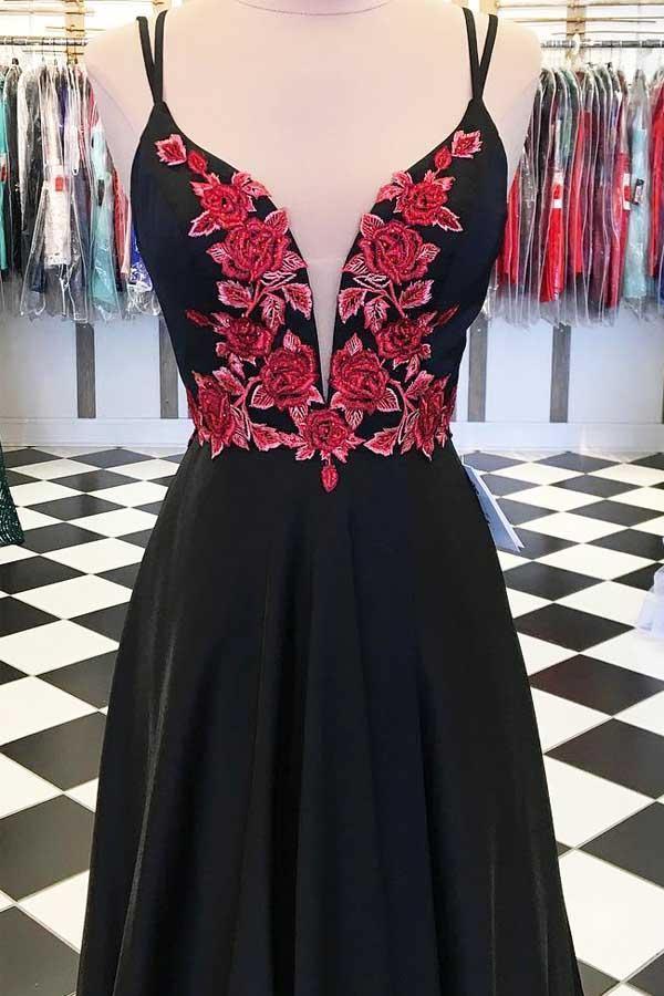A-line Satin Spaghetti Straps Floral Appliques Black Long Prom Dress PG863 - Pgmdress