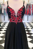 A-line Satin Spaghetti Straps Floral Appliques Black Long Prom Dress PG863 - Pgmdress