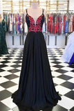A-line Satin Spaghetti Straps Floral Appliques Black Long Prom Dress PG863