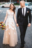 A-Line Scoop 3/4 Sleeves Tulle Prom Dress with Appliques PG693 - Pgmdress