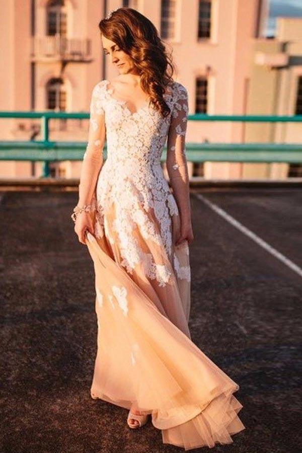 A-Line Scoop 3/4 Sleeves Champagne Tulle Prom Dress with Appliques US8 / Champagne/White A-Line Scoop 3/4 Sleeves Champagne Tulle Prom Dress with Appliques US8 / Champagne/White