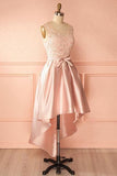 A-Line Scoop High Low Pink Satin Homecoming Dress With Appliques PD120 - Pgmdress