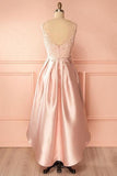 A-Line Scoop High Low Pink Satin Homecoming Dress With Appliques PD120 - Pgmdress