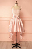 A-Line Scoop High Low Pink Satin Homecoming Dress With Appliques PD120