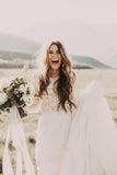 A-line Scoop Lace Wedding Dress Long Sleeve Rustic Wedding Dresses WD521