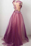 A line Scoop neck Appliqued Burgundy Tulle Flower Prom/Party Dress PSK007 - Pgmdress