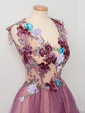 A line Scoop neck Appliqued Burgundy Tulle Flower Prom/Party Dress PSK007 - Pgmdress