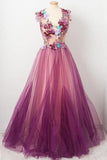 A line Scoop neck Appliqued Burgundy Tulle Flower Prom/Party Dress  PSK007