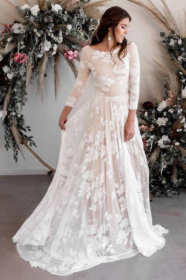 A-line V-neck Long Sleeves Illusion Lace Wedding Dresses, WD0506