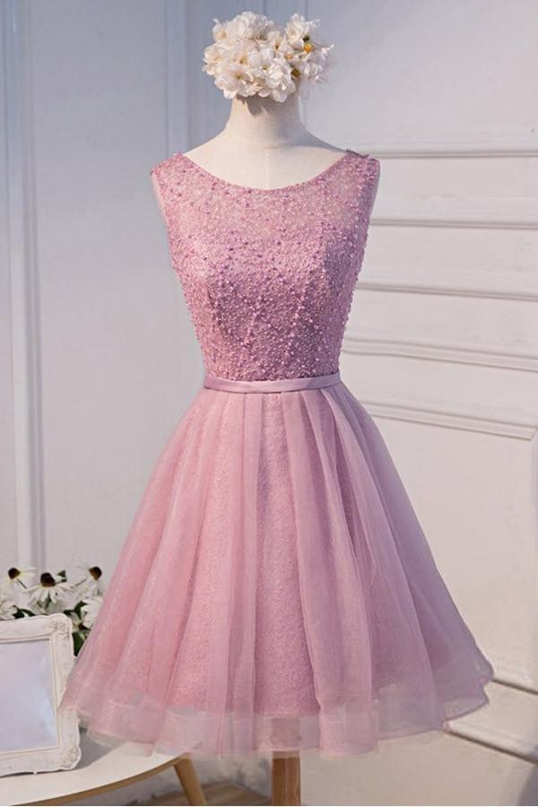 A-line Scoop Neck Short Tulle Homecoming Dress With Beading PG135 - Pgmdress