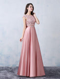 A-line Scoop Pink Satin Applique Modest Prom Dress Evening Dress PSK065 - Pgmdress