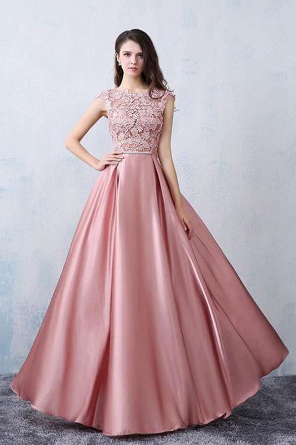 A-Line Scoop Pink Satin Applique Modest Prom Dress Evening Dress Psk065 –  Pgmdress