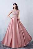 A-line Scoop Pink Satin Applique Modest Prom Dress Evening Dress PSK065