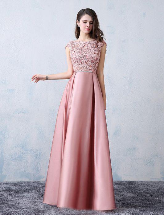 A-line Scoop Pink Satin Applique Modest Prom Dress Evening Dress