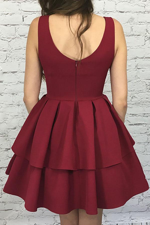 A-Line Scoop Short Burgundy Tiered Elastic Satin Homecoming Dress PG193 - Pgmdress