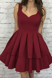 A-Line Scoop Short Bordeaux Tiered Elastic Satin Homecoming Dress PG193