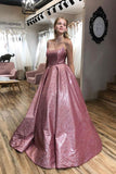 A-line Scoop Spaghetti Straps Sparkle Prom/Evening Dress with Pockets PSK163 - Pgmdress