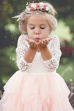 A-Line Scoop Tea-Length 3/4 Sleeves Pink Flower Girl Dress with Lace Ruffles FL05 - Pgmdress