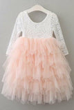 A-Line Scoop Tea-Length 3/4 Sleeves Pink Flower Girl Dress with Lace Ruffles FL05 - Pgmdress
