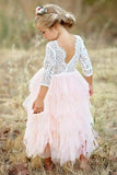 A-Line Scoop Tea-Length 3/4 Sleeves Pink Flower Girl Dress with Lace Ruffles FL05 - Pgmdress