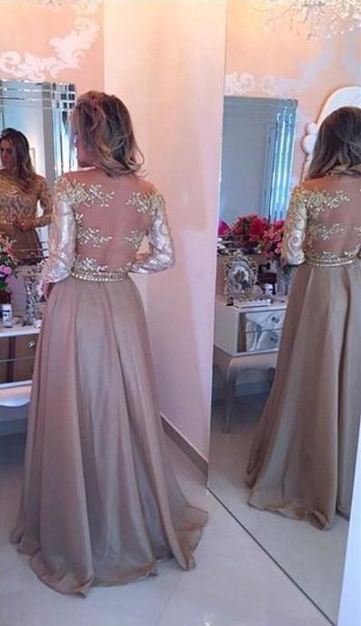 A-Line Sheer Neckline Prom Dresses Floor Length Long Sleeves Evening Dress PG972 - Pgmdress