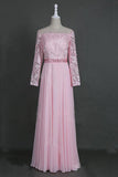 A-Line Sheer Neckline Prom Dresses Floor Length Long Sleeves Evening Dress PG972 - Pgmdress