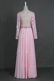 A-Line Sheer Neckline Prom Dresses Floor Length Long Sleeves Evening Dress PG972 - Pgmdress