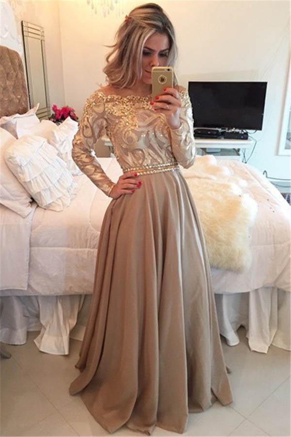 A-Line Sheer Neckline Prom Dresses Floor Length Long Sleeves Evening Dress PG972 - Pgmdress