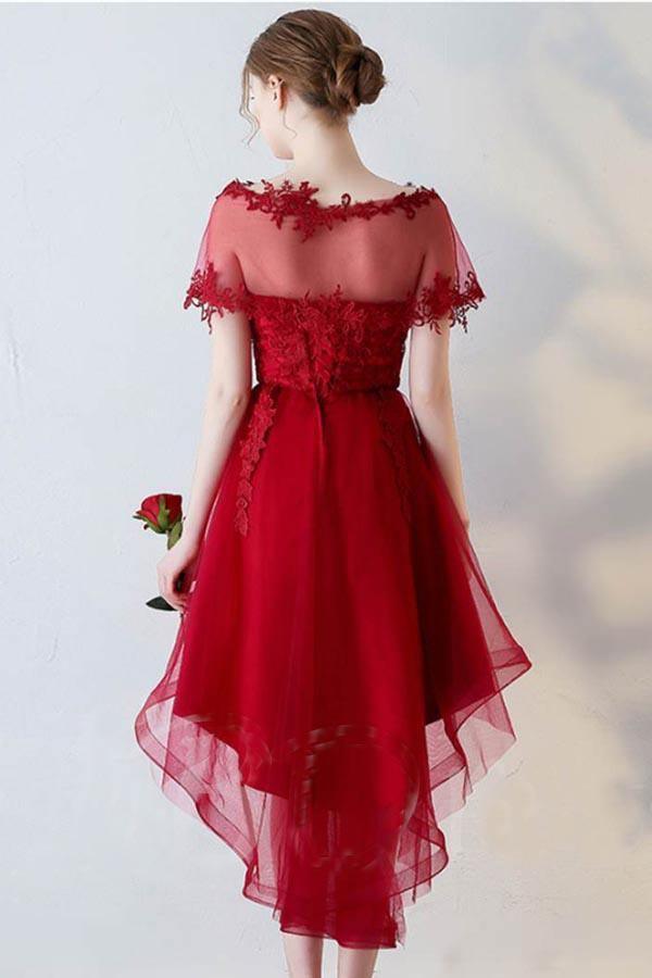 A-Line Short Sleeves Appliques Sweetheart Asymmetry Homecoming Dress PD141 - Pgmdress