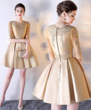 A-line Short Sleeves Gold Lace Satin Short Prom Dress Homecoming Dress PD212 - Pgmdress