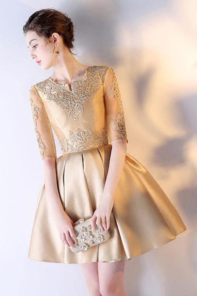 A-line Short Sleeves Gold Lace Satin Short Prom Dress Homecoming Dress   Pgmdress