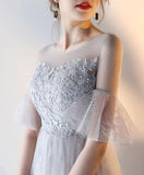 A-line Short Sleeves Gray Tulle Lace Prom Dress Gray Evening Dress PG666 - Pgmdress