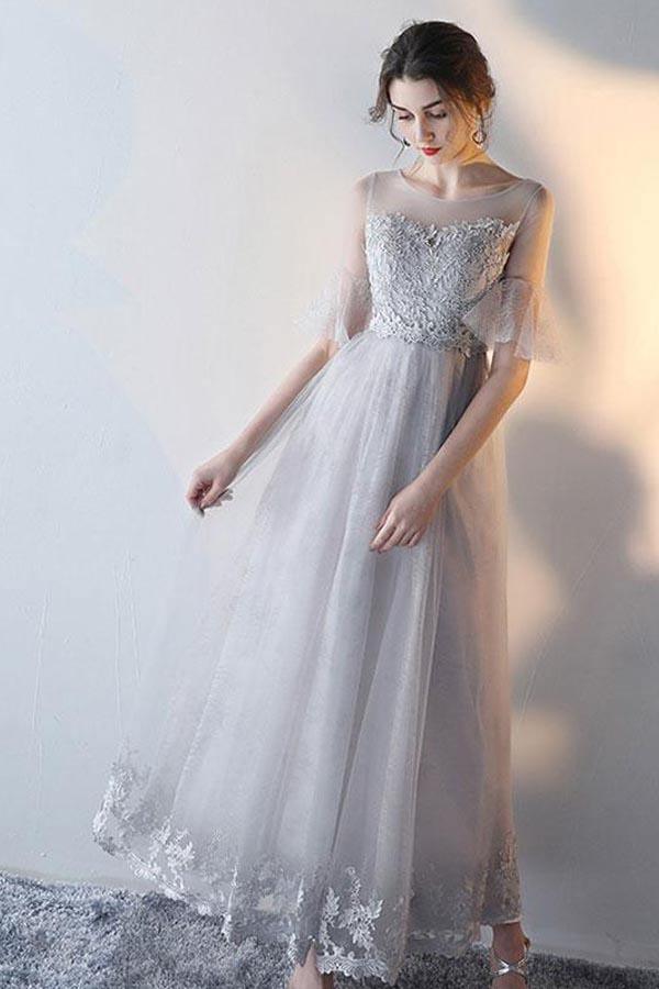 A-line Short Sleeves Gray Tulle Lace Prom Dress Gray Evening Dress PG666 - Pgmdress