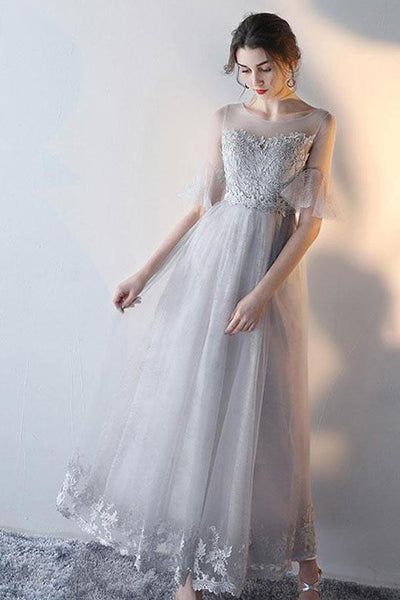 A-line Short Sleeves Gray Tulle Lace Prom Dress Evening Dress PG666 US0 / Gray A-line Short Sleeves Gray Tulle Lace Prom Dress Evening Dress PG666 US0 / Gray