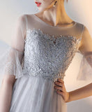 A-line Short Sleeves Gray Tulle Lace Prom Dress Gray Evening Dress PG666 - Pgmdress