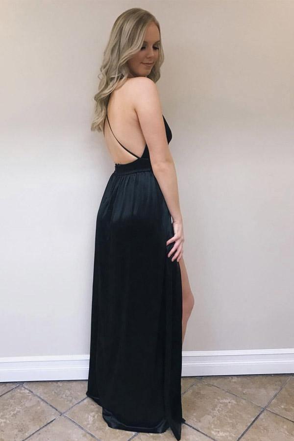 A-Line Silk Satin V Neck Sexy Prom Dresses 2019 Side Slit PG911 - Pgmdress
