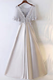 A-line Silver Satin Long Party Prom Dress With Illusion Neckline PG689 - Pgmdress