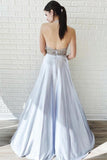 A-Line Silver Satin V-neck Backless Prom Dress With Beading PG922 - Pgmdress