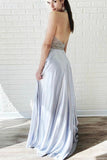 A-Line Silver Satin V-neck Backless Prom Dress With Beading PG922 - Pgmdress