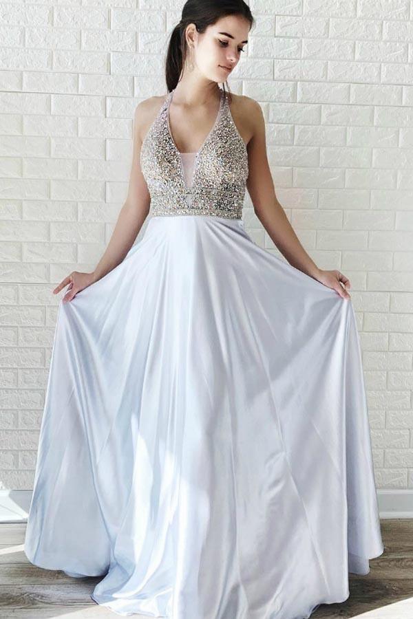 A-Line Silver Satin V-neck Backless Prom Dress With Beading PG922 - Pgmdress
