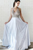 A-Line Silver Satin V-neck Backless Prom Dress With Beading PG922