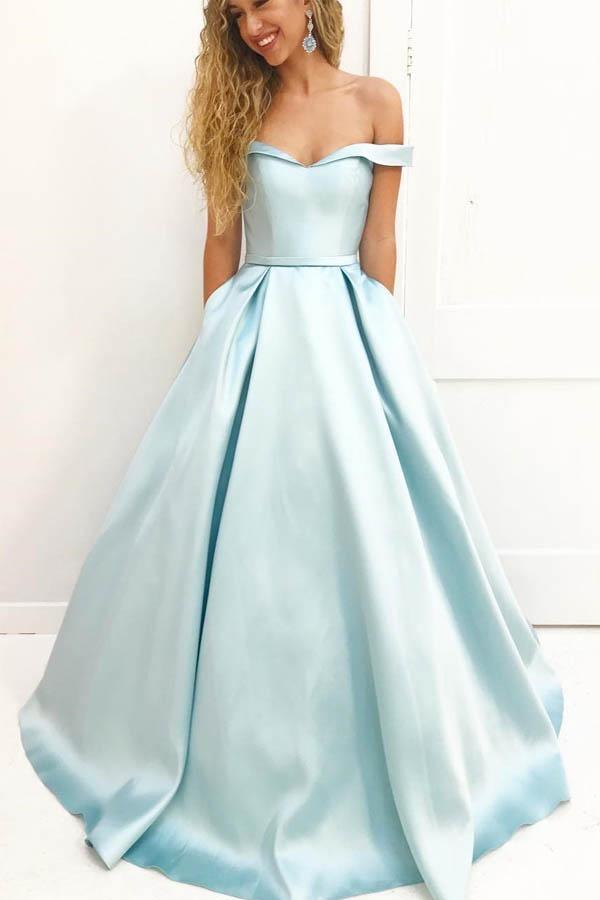 A-line Simple Off Shoulder Satin Long Prom Dress with Pockets PG664 - Pgmdress