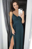 A-line Simple Satin Evening Gown Spaghetti Straps Prom Dress with Split PSK117 - Pgmdress