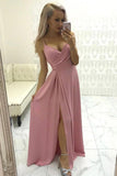 A-line Simple Satin Evening Gown Spaghetti Straps Prom Dress with Split PSK117 - Pgmdress