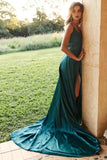 A-line Simple Satin Green Straps Long Prom Dresses with Split PSK190 - Pgmdress